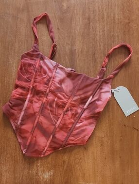 NWT! Meshki Joanie Mesh Lace Up Corset With Red Rose Print